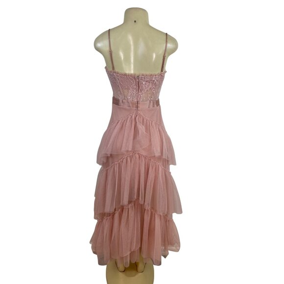 City Studio Pink Lace & Tulle Tiered Midi Dress With Spaghetti Straps Size 3 - Picture 3 of 8